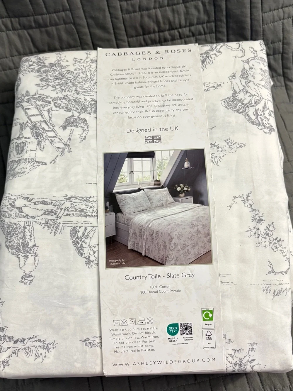 Cabbages & Roses LONDON Country Toile Slate Grey 4-Piece King Sheet Set NEW
